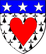 D'hermine, au coeur de gueules, au chef d'azur, à trois étoiles d'argent